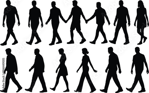 Silhouettes of Fourteen Individuals Walking in Mixed Directions Depicting Casual Motion, Gender Diversity, and Everyday Activity