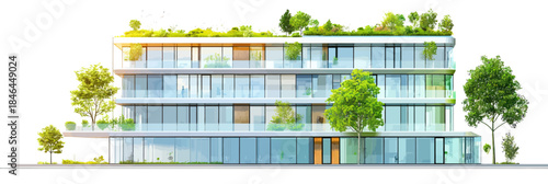 Modern glass office building with greenery and trees integrated into facade and rooftop for sustainable urban architecture and eco-friendly design concept vector illustration