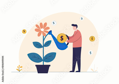 Businessman watering large flower with dollar coin center symbolizing investment growth profit income and financial wealth increase concept flat vector