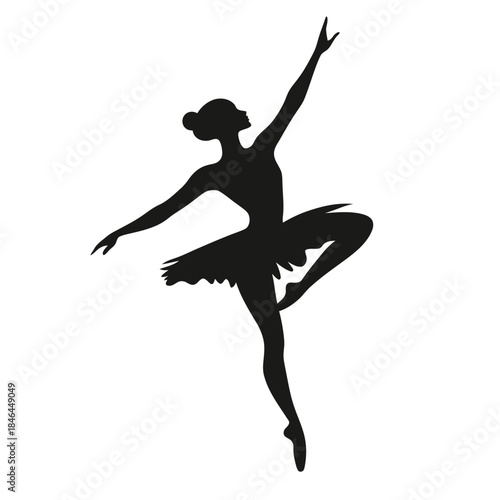 Silhouette of graceful ballet dancer in tutu performing arabesque pose black vector illustration minimalist style isolated on white background