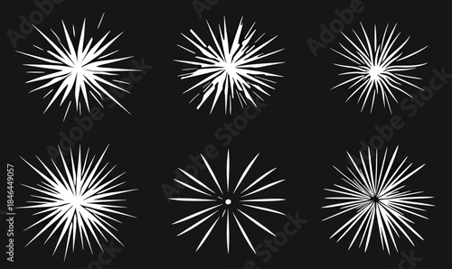 Set of six different white starburst shapes with pointed rays on black background, minimalist geometric vector design, abstract radiant explosion icons collection for decoration and graphic elements