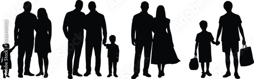 Silhouettes of Six Groups Featuring Adults and Children Depicting Family Diversity, Social Interaction, and Everyday Relationships
