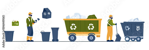 Waste collector worker disposing recyclable trash into separate bins and carts with recycling symbols in flat minimalist vector style illustration