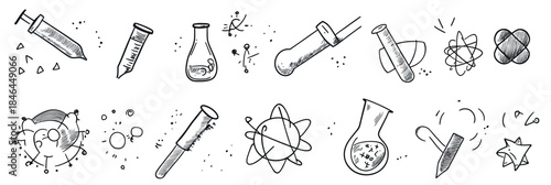 Hand drawn laboratory doodle icons set with scientific chemistry test tubes pipette atom molecules microscope experiment elements in minimalist line art style vector illustration