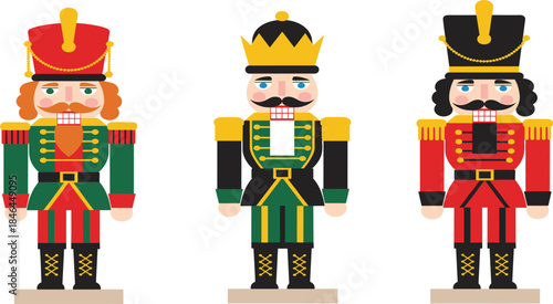 Three traditional Christmas nutcracker characters vector set, festive toy soldiers in uniform, holiday decoration graphic