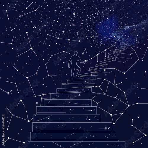Abstract silhouette of man climbing starry stairs through constellation night sky space universe vector illustration of ambition and cosmic journey concept