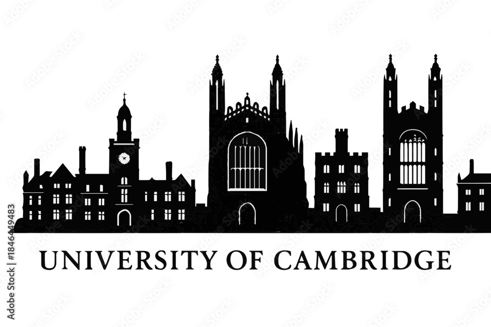 Naklejka premium University of Cambridge Black and White Silhouette Vector – Historic Academic Architecture