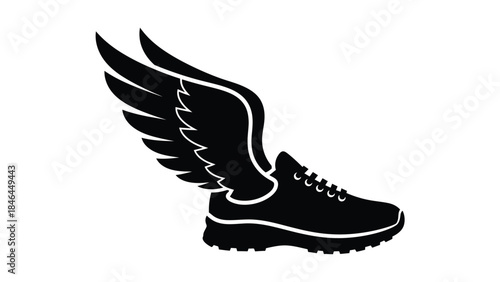 A sleek black running shoe with wings symbolizing speed and freedom