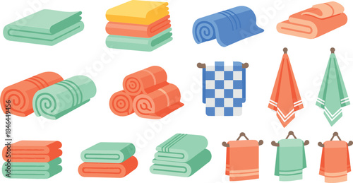 Set of folded and hanging towels for bathroom and spa concepts featuring various textile textures in soft pastel colors isolated on white background vector illustration.