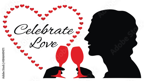 Silhouette couple toasting love with champagne glasses surrounded by heart shaped decoration on white background