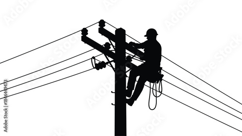 Silhouette of a lineman working on high voltage power lines against a white background