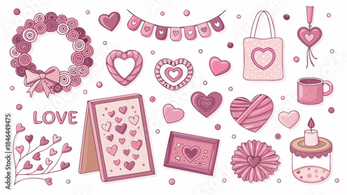 Pink heart themed Valentine's Day decorations and gifts