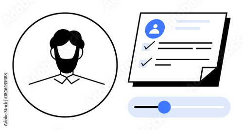 Profile avatar with checklist document and adjustable slider. Ideal for user settings, profile customization, account preferences, user experience, data management, task planning, workflow