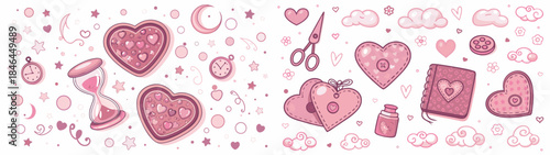 Whimsical pink heart illustrations with love symbols