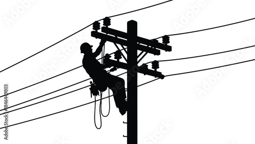 Silhouette of a lineworker performing maintenance on a utility pole