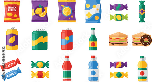  Flat icon set of snacks and drinks featuring potato chips candy bars soda cans bottled water and sandwiches for vending machine and junk food concepts isolated vector