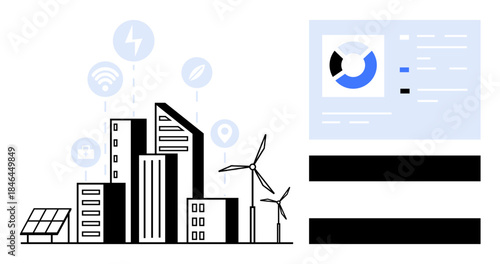 Modern cityscape with wind turbines, solar panel, connectivity icons, and blue-toned analytic charts. Ideal for smart city, sustainability, IoT, renewable energy, digital transformation urban