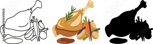 Roasted Chicken or Duck Leg with Vegetables and Herbs on Plate Icon.