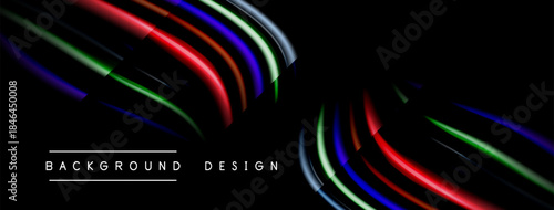Abstract design features vibrant curved lines against black backdrop. Modern aesthetic, dynamic composition, sleek presentation.
