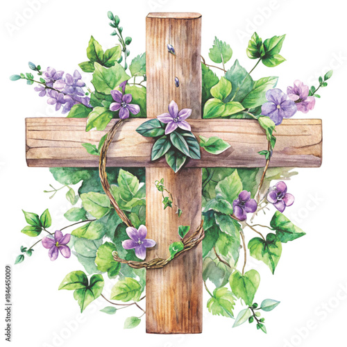 watercolor illustration of a wooden cross decorated with Flower vector