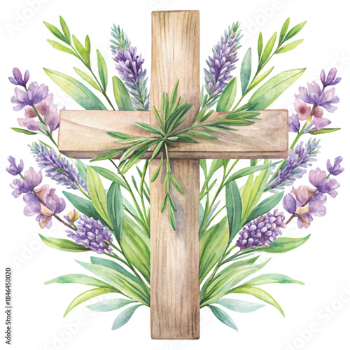 watercolor illustration of a wooden cross decorated with Flower vector