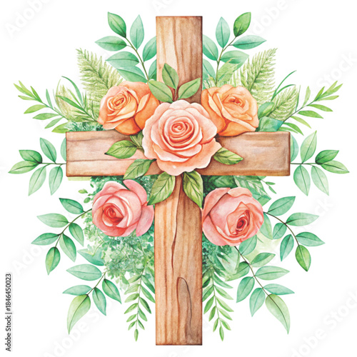 watercolor illustration of a wooden cross decorated with Flower vector