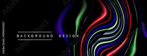 Abstract flowing lines create vibrant colorful design over black background. Text reads background design. Modern aesthetic.