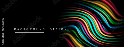 Abstract colorful waves over black background. Modern design element, vibrant lines create dynamic visual effect. Simple text labels present.