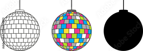 Colorful Disco Ball Vector Icon in Outline, Color, and Silhouette Styles.