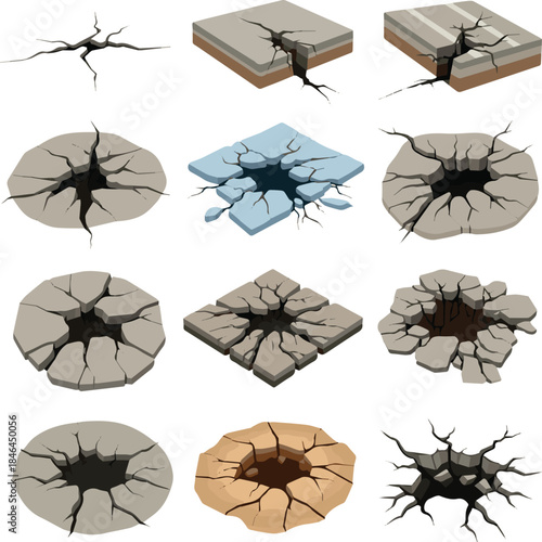 Kinds of Ground crack and hole in floor texture. 3d fissure for concrete, ice or stone wall effect. Realistic earthquake damage and road split for destruction or desert concept white background