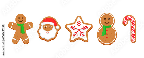 Christmas gingerbread snowman, Santa Claus, star, candy cane cookie. Noel holiday sweet dessert. Cute ginger bread character in Xmas design. Classic cookies isolated on white background. Vector illust