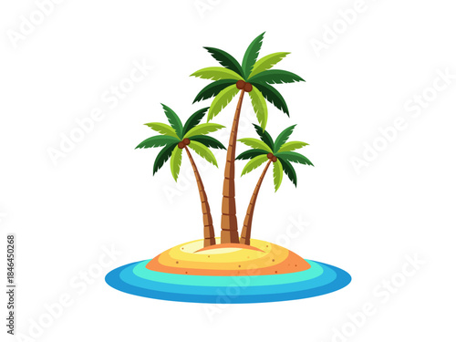 A small tropical island with three palm trees surrounded by blue ocean water.