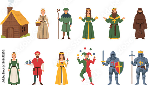  Medieval kingdom character set featuring king queen knight jester monk and peasants in flat cartoon style for historical education fantasy games and storytelling projects isolated vector..