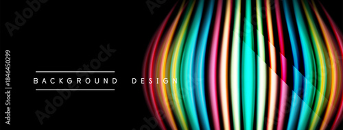 Abstract colorful lines create dynamic visual effect. Black background emphasizes vibrant curves, modern design element.