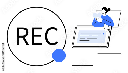 Recording concept. Recording symbol alongside a person engaging with digital media on a tablet. Recording for content creation, video production, tutorials, digital tools, media workflows