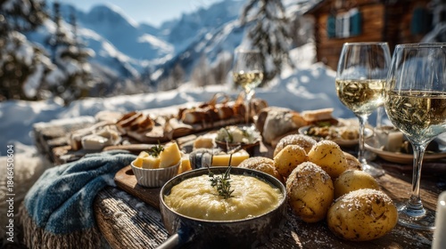 Raclette and wine enjoying winter alps mountain view