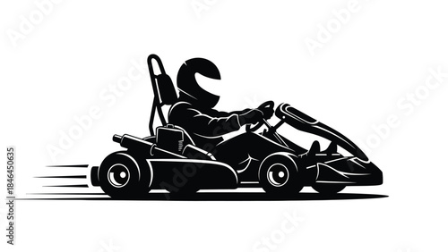 A sleek black silhouette of a driver racing in a go kart