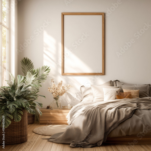 interior of a room with a comfortable bed, frame mockup 