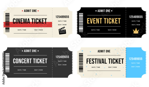 Set of Event Tickets Templates – Concert, Festival, Cinema and VIP Pass