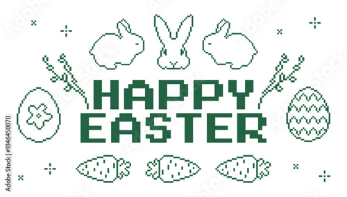 Seasonal Easter design for spring celebrations. Retro 8-bit style  illustration in white and hunter green tones. Pixel art greeting with cute rabbits, eggs, carrots and festive ornaments. 