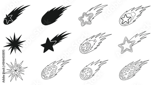 A collection of stylized shooting stars and starbursts in black and white
