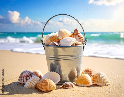 Seashells spilling from a metal bucket on a sandy beach