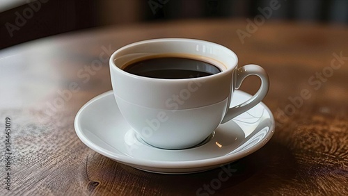 A steaming cup of black coffee on a wooden table