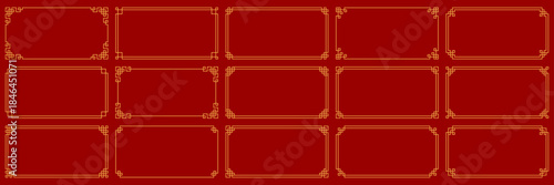 Chinese border set, gold Asian frame red New Year background