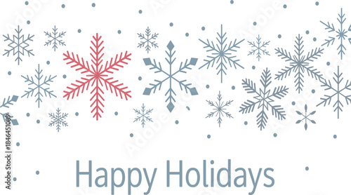 Happy Holidays horizontal banner with decorative snowflakes, winter celebration greeting card, festive blue and red graphic