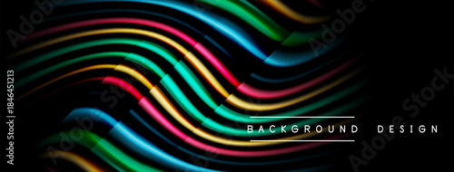 Abstract colorful waves flow across black background. Dynamic lines create modern visual effect. Bright gradients suggest movement, energy.