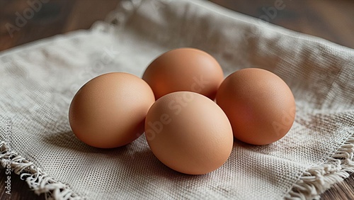 Four Fresh Brown Eggs on a Rustic Linen Cloth