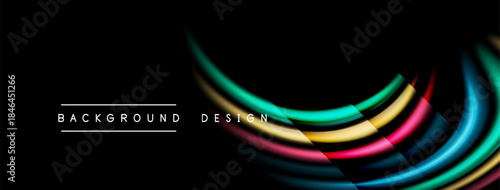 Abstract colorful ribbons flow across black background. Modern design element, dynamic curves create visual interest. Simple, elegant presentation.