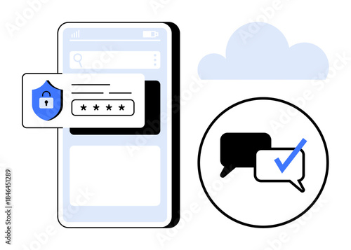 Smartphone displaying password entry with shield, speech bubbles showing message verification tick. Ideal for cybersecurity, communication, login, application, data privacy, verification, secure