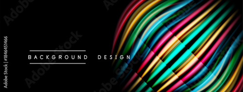 Abstract colorful lines over black background. Modern design elements create dynamic visual effect. Text reads background design.